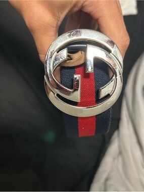 Gucci Black Leather Belt with Red and Navy Webbing and Silver Double-G Buckle